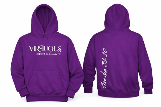 Purple hoodie with 'Virgulous' text on front and 'Teacher 360' on back, on a white background